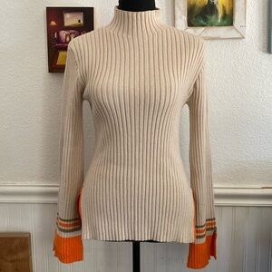 NWOT Anthropologie Colorblocked Mock Neck Sweater XS Bell Sleeve Cream/Orange